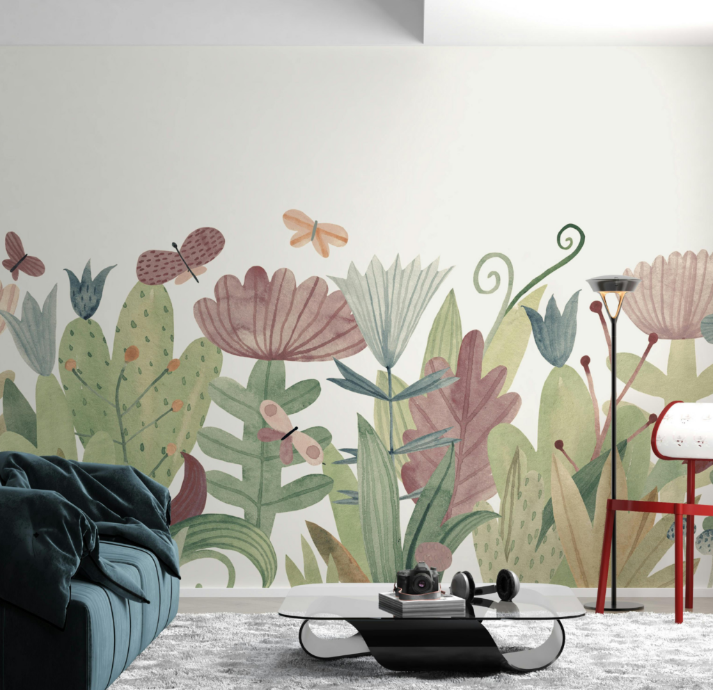 Pose de papier peint panoramique décoratif dans salon à Toulouse par artisan peintre