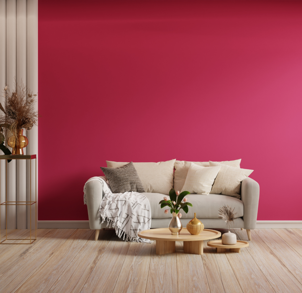 Mur peint couleur rouge dans salon après rénovation peinture intérieure à Toulouse